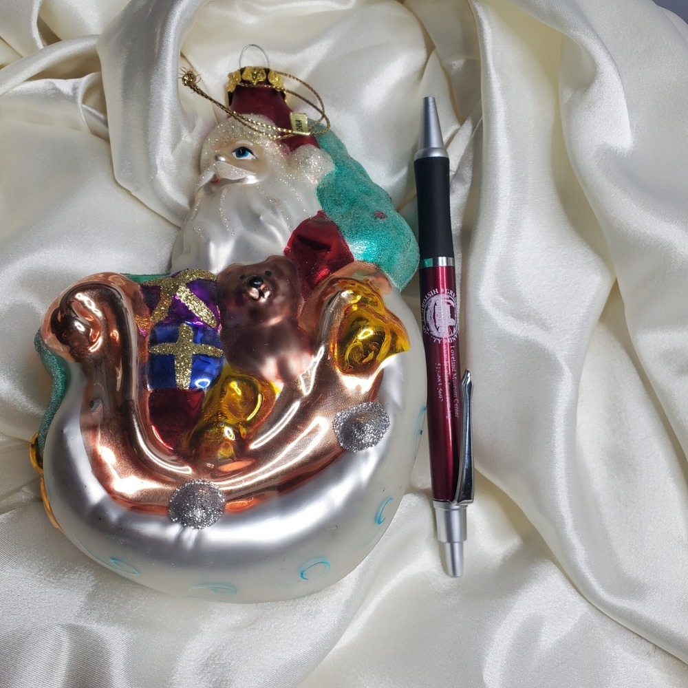 Vintage Hand Blown Mercury‎ Glass Santa Sleigh Christmas Ornament Hand Painted